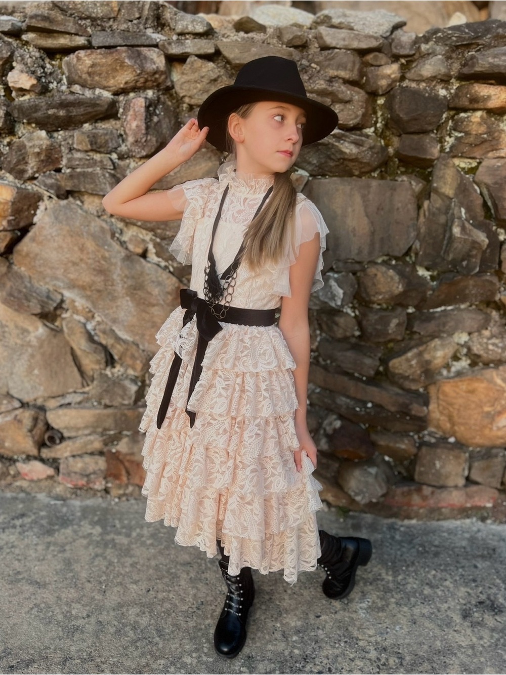 Joyfolie Cream Lace Ruffle Dress for Girls